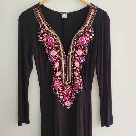 Venus Embroidered‎ Placket Jersey Knit Maxi Dress Split Neck Long Sleeve Hippie - Picture 3 of 5